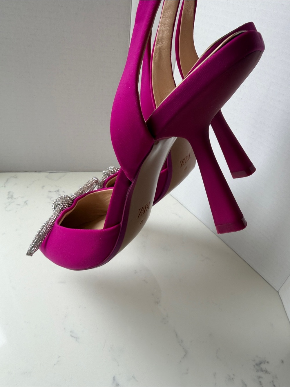 Zara Fuchsia Slingback Pointed Toe Heels with Crystal Bow size 11 - Picture 8 of 11